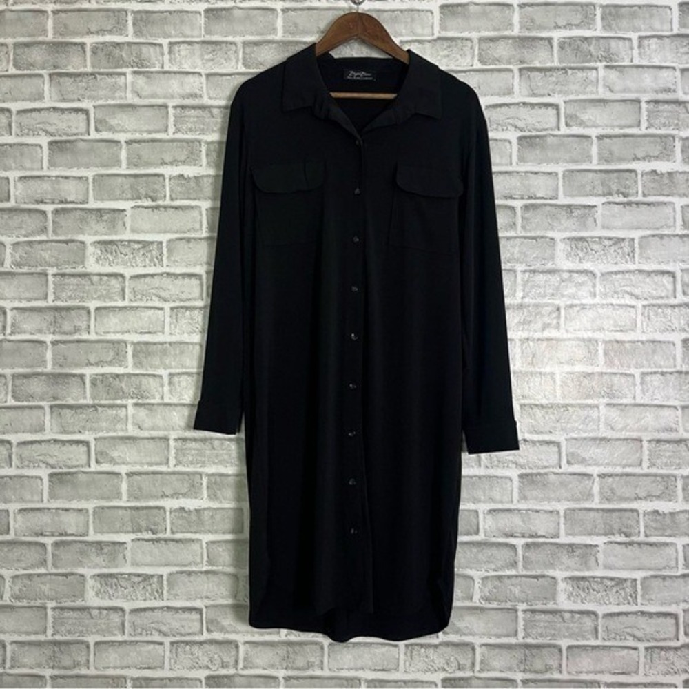 Brigette Brianna Black Midi Length Button Front Soft Stretch Shirt Dress Sz M